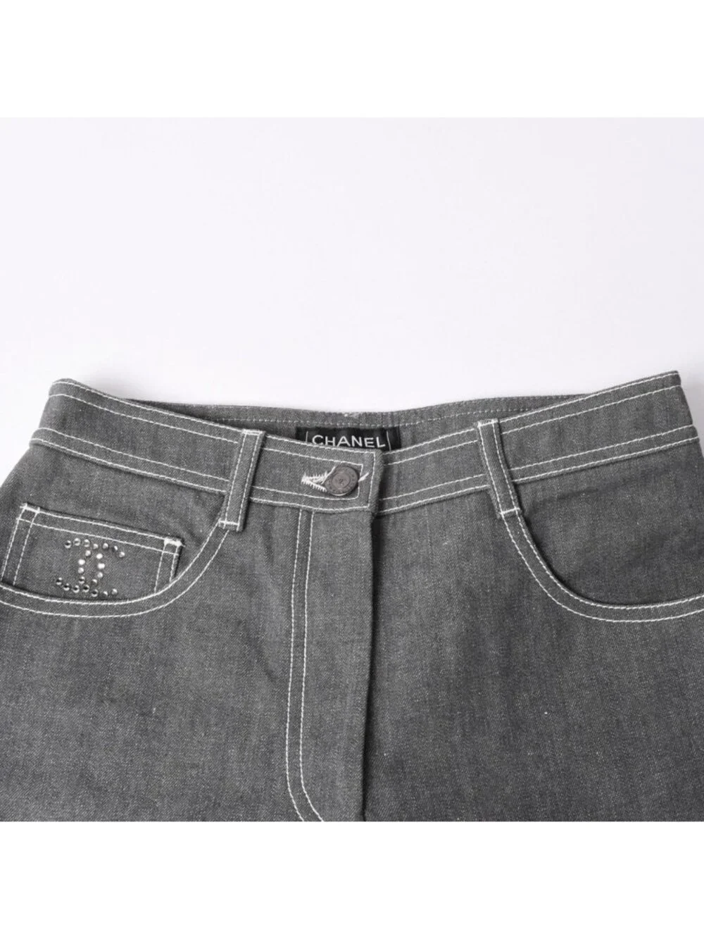 Chanel Flare Bell Denim Pants CC Logo Rhinestone Gray Bootcut White Stitch